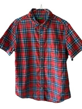 United Colors Of Benetton Red Plaid Button Up Shirt Short Sleeves Men’s Large